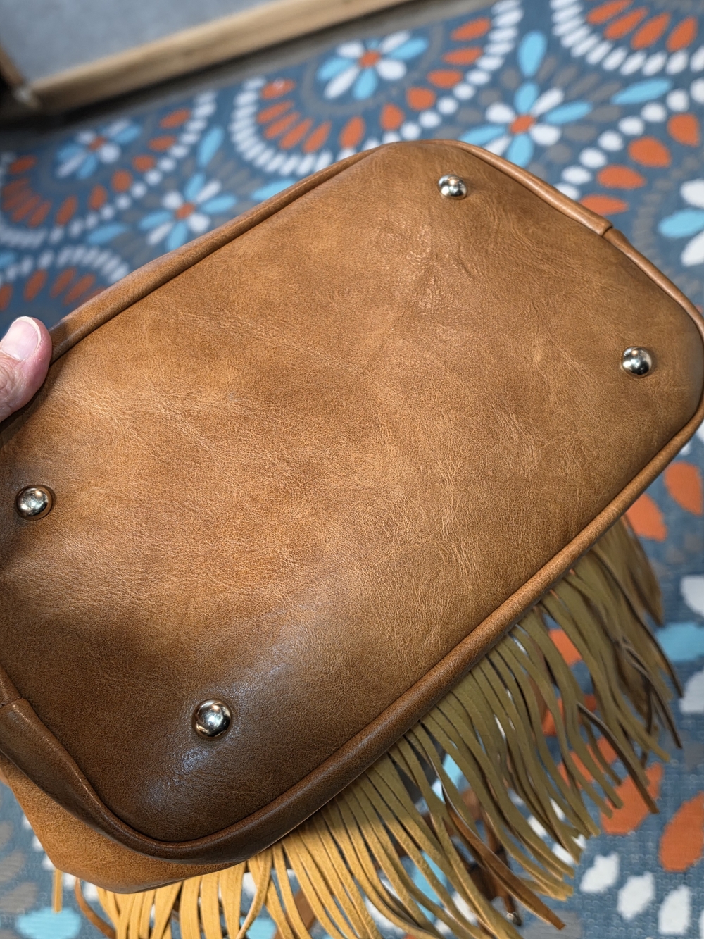 Tan Leather Fringe Drawstring Crossbody Bag - Picture 3 of 8